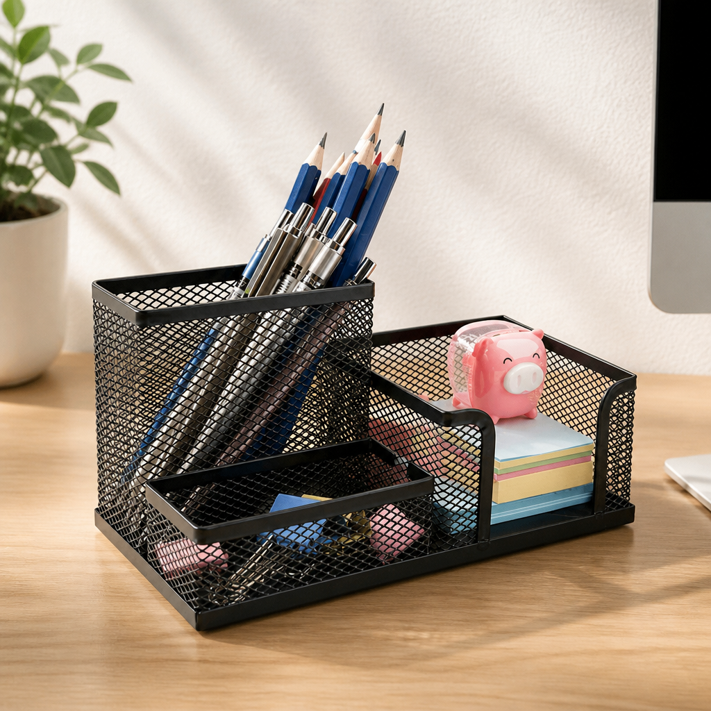 Black mesh desk organizer with stationery items on a wooden surface.