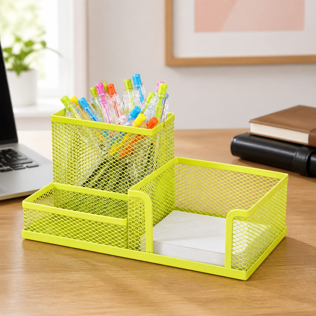 Lime green mesh desk organiser styled with pens and notes on a desktop.
