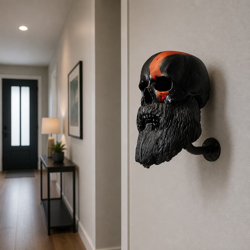 Black bearded skull decorative wall hanger with curved wall hook.
