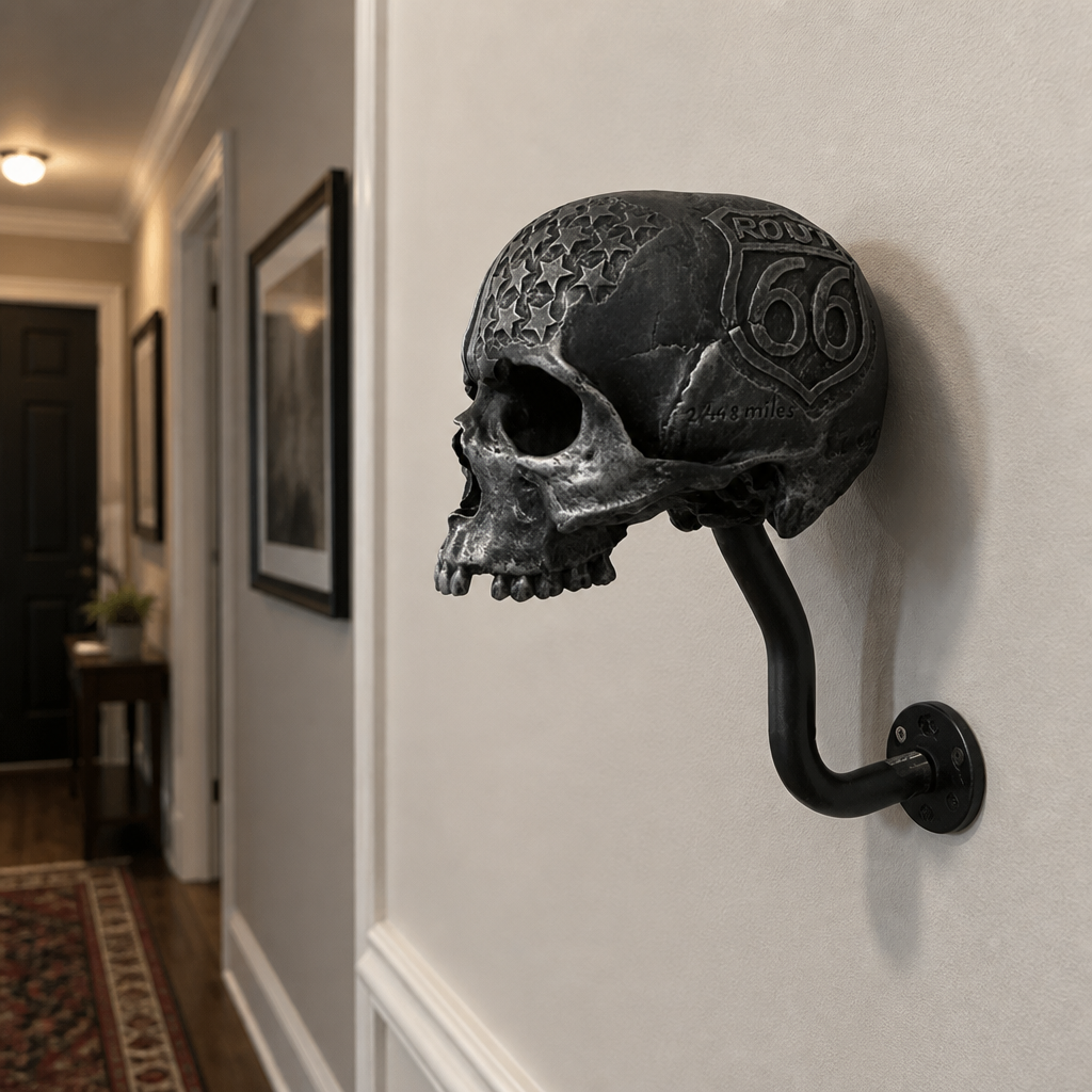 Grey Route 66 skull decorative wall hanger with curved wall hook.