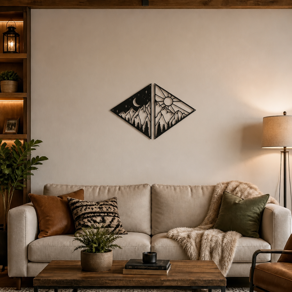(Day &amp; Night Mountains): Two-panel black metal wall art showing day and night mountain scenes side by side, 48 × 32.7 cm