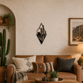 (Desert Cactus): Black metal wall art featuring cactus and desert landscape in diamond geometric silhouette, 14.22 × 30 cm