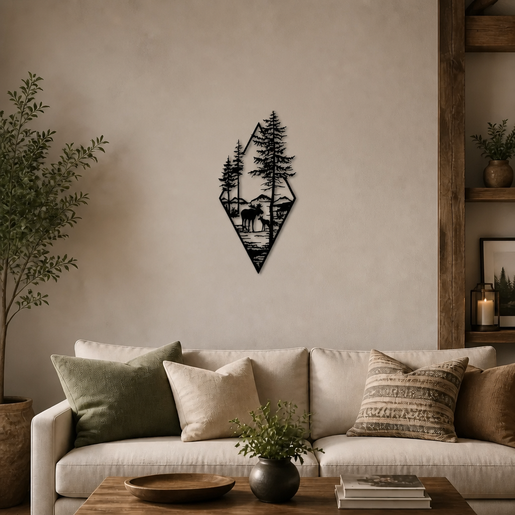 (Forest Moose): Black laser-cut metal art of moose and pine trees inside a diamond shape, 15 × 25 cm