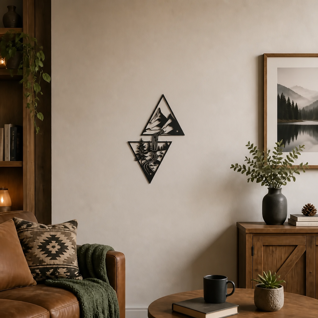 (Mountain &amp; Waterfall): Black metal wall art with a mountain and waterfall scene in stacked triangle shapes, 15 × 24 cm