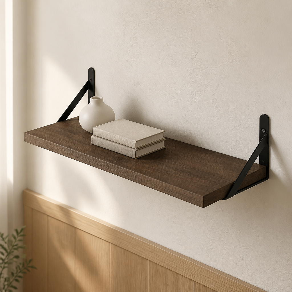 Dark wooden shelf with black brackets holding a vase and books against a light wall.