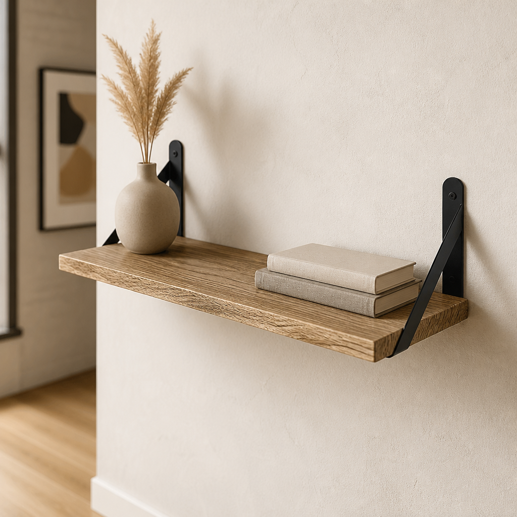 Light wooden shelf with books and a vase on a wall