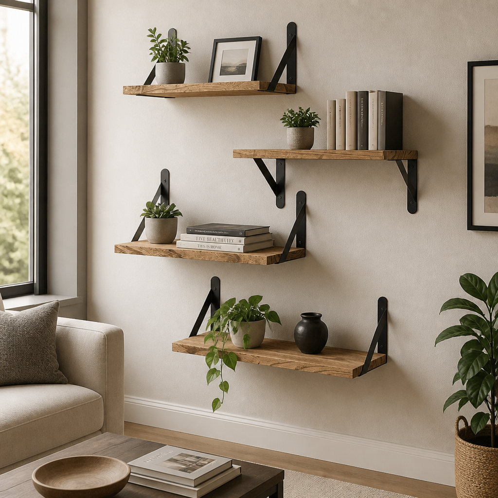 Light wooden shelves with decorative items on a wall in a living room.