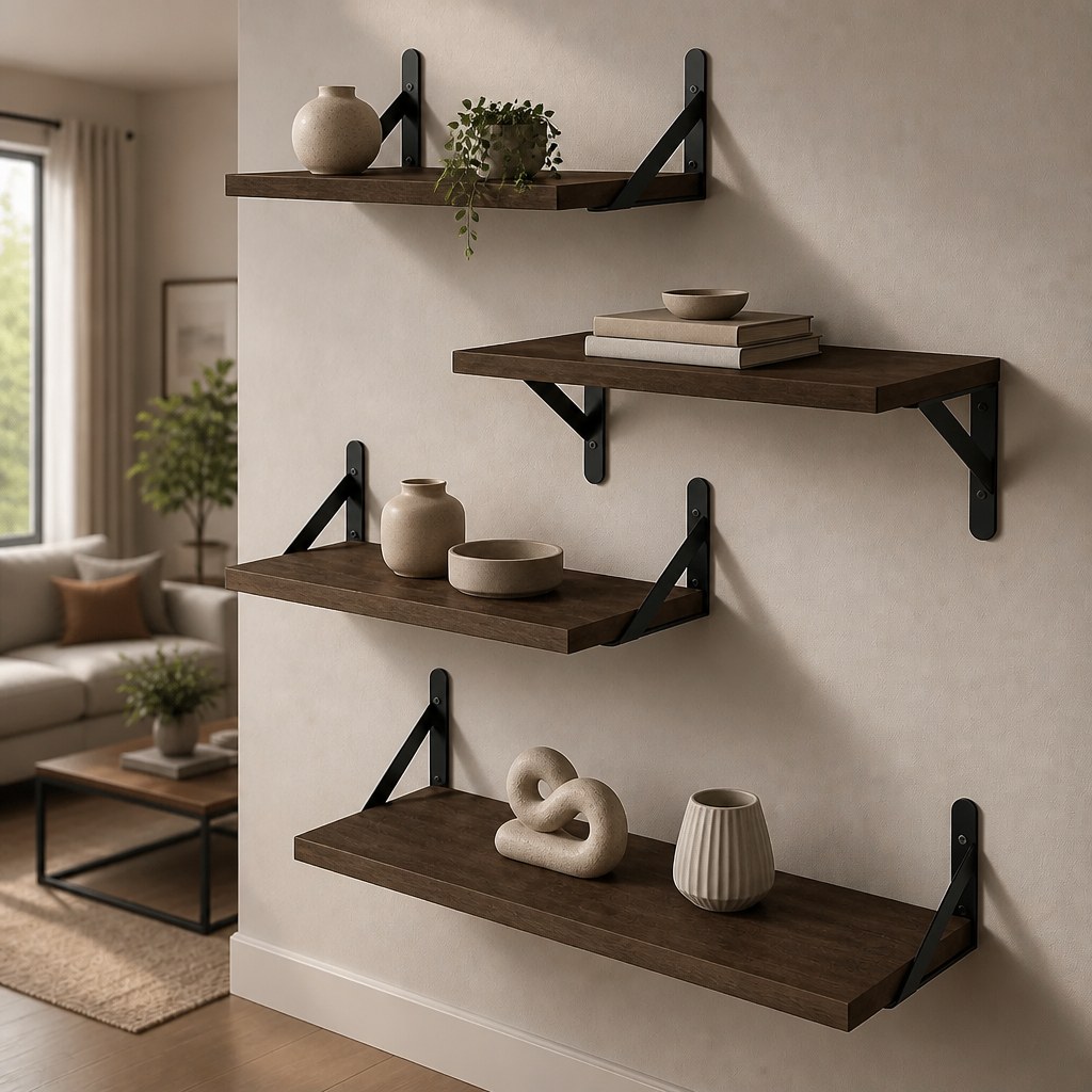 Set of dark wooden shelves with decorative items against a neutral wall.