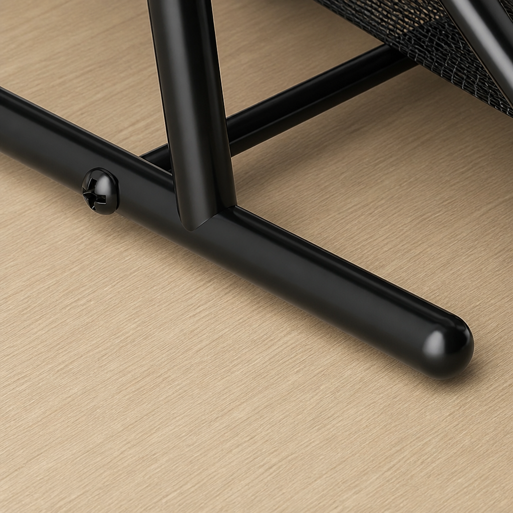 Close-up of a black metal frame leg on a beige surface