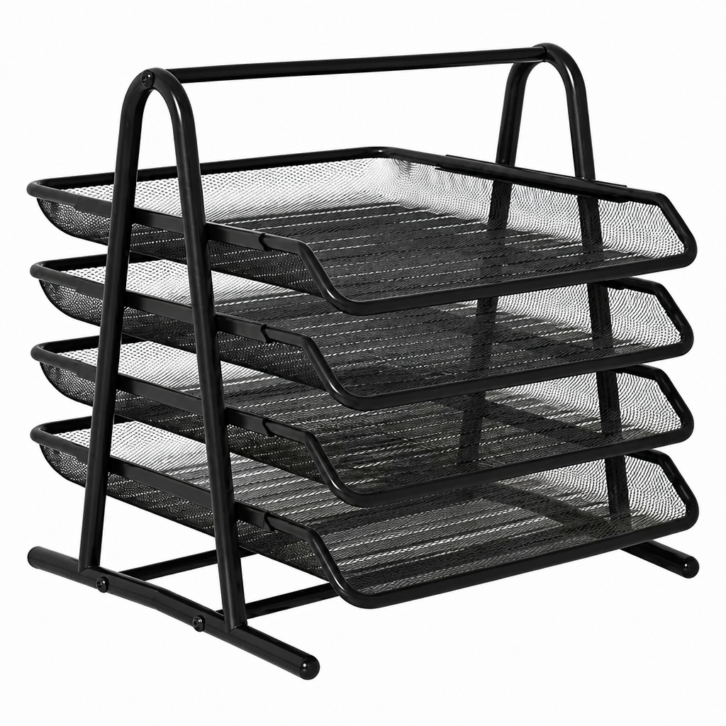 Black 4-tier metal document tray with open mesh shelves and size measurements.