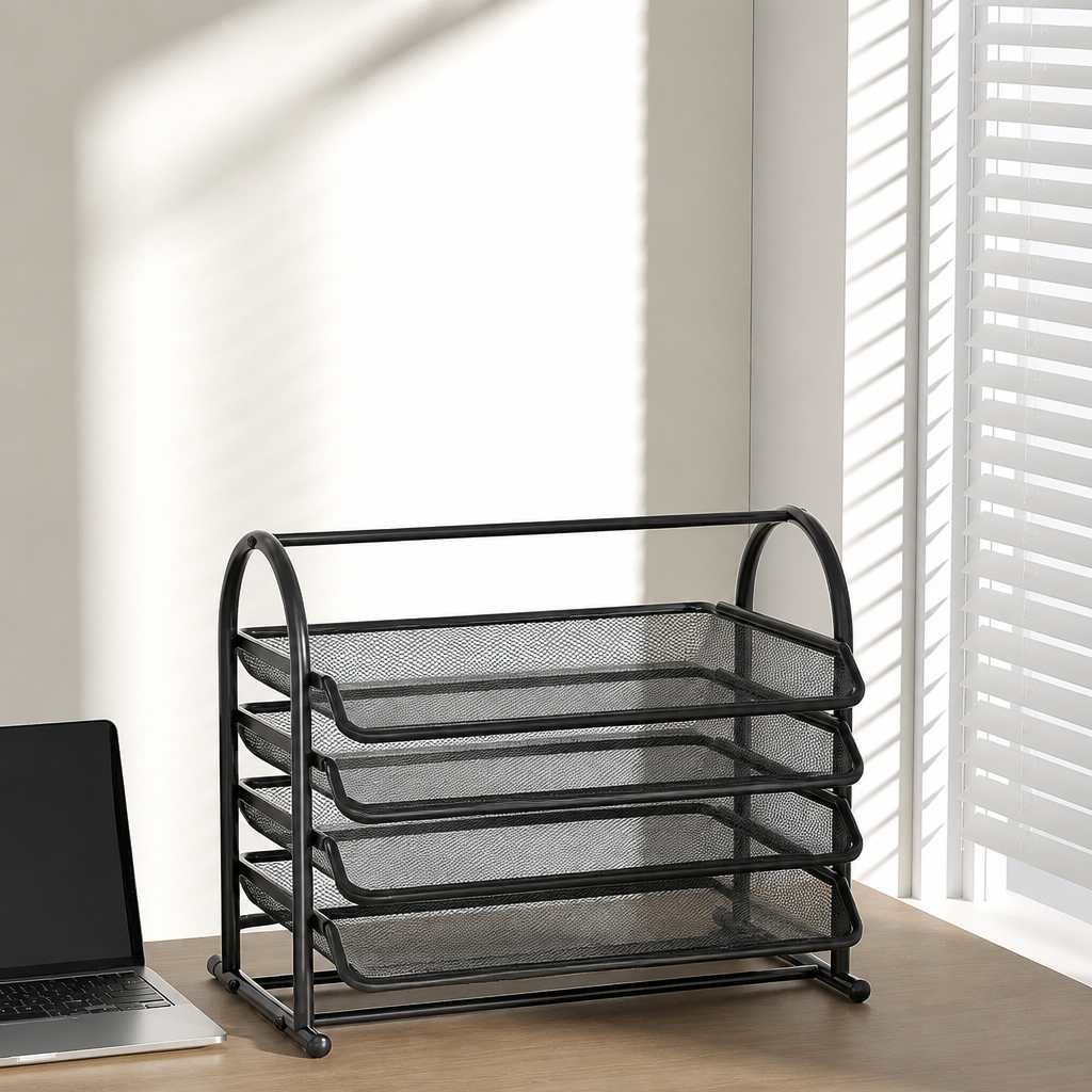 Black wide 4-tier desktop document tray with stacked books and size measurements.