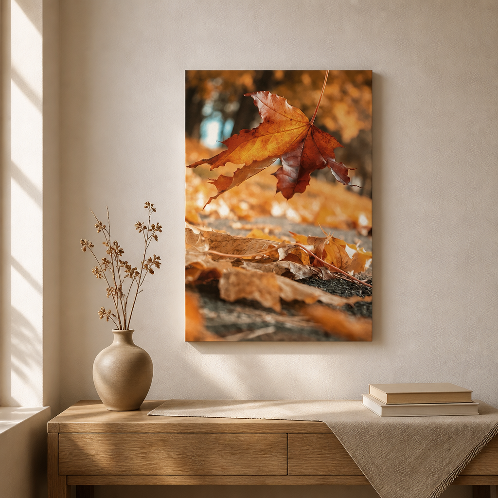 Autumn canvas print showing a close-up leaf floating above fallen autumn leaves.