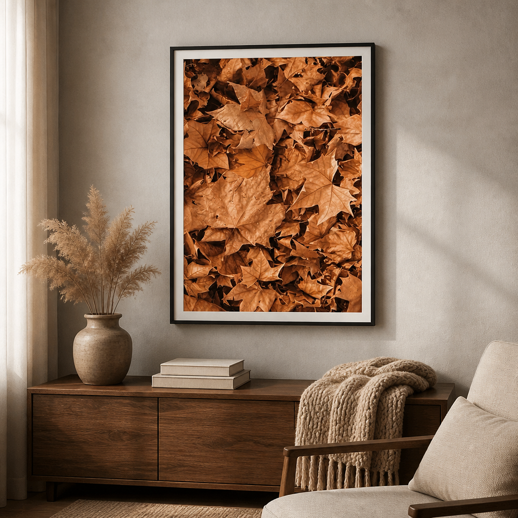 Autumn canvas print showing a close-up layer of fallen brown leaves.