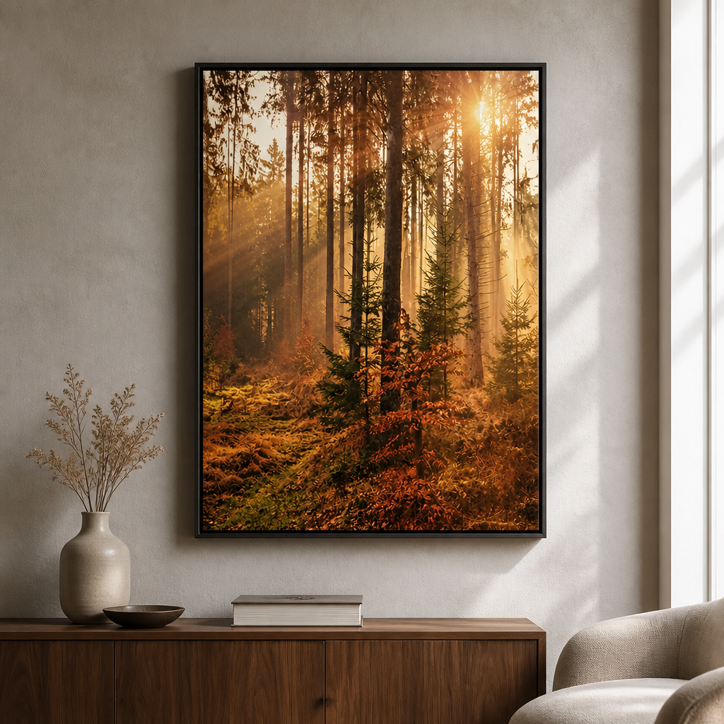 Autumn canvas print showing sunlight filtering through a warm forest scene.