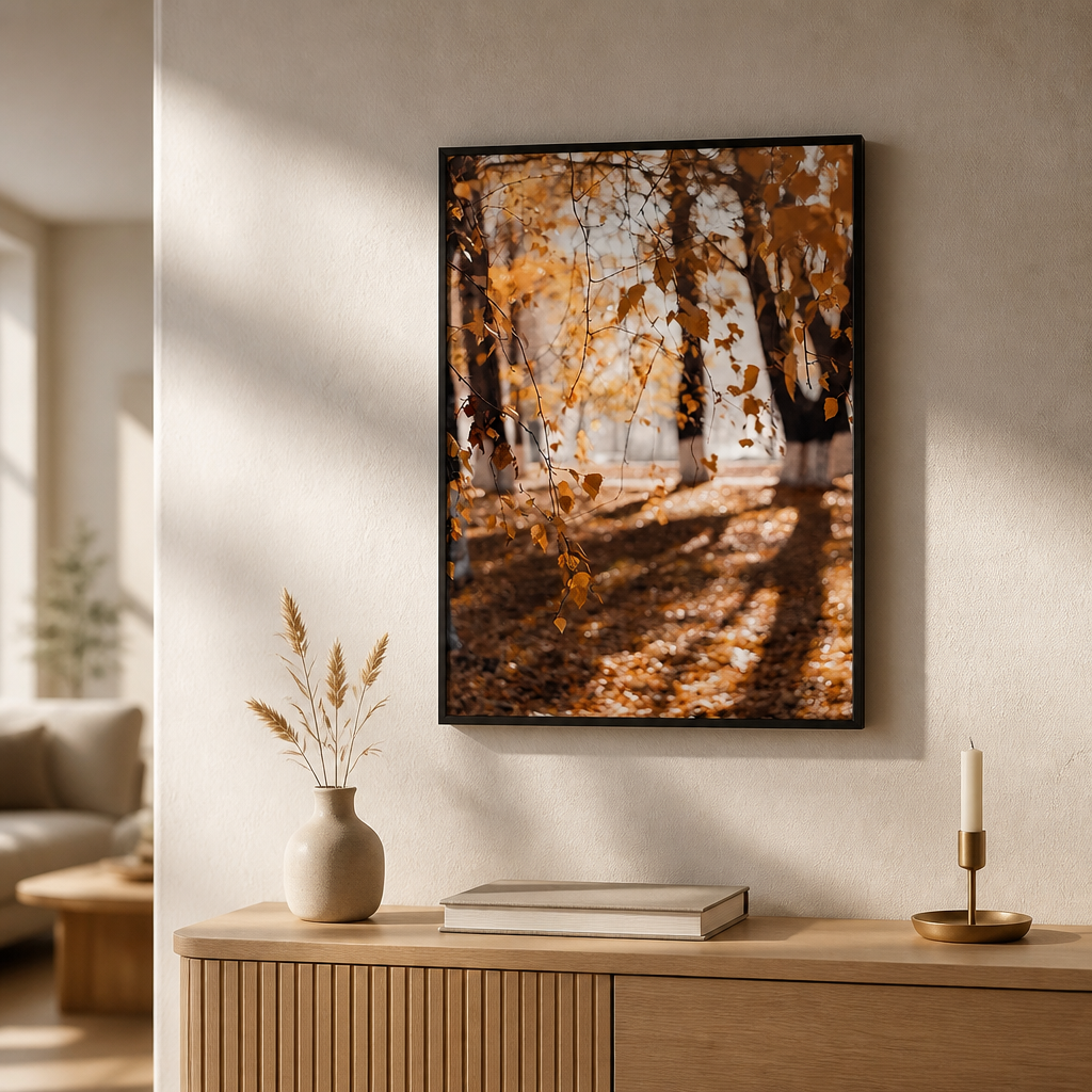 Autumn canvas print showing soft-focus trees with warm leaves and sunlight.