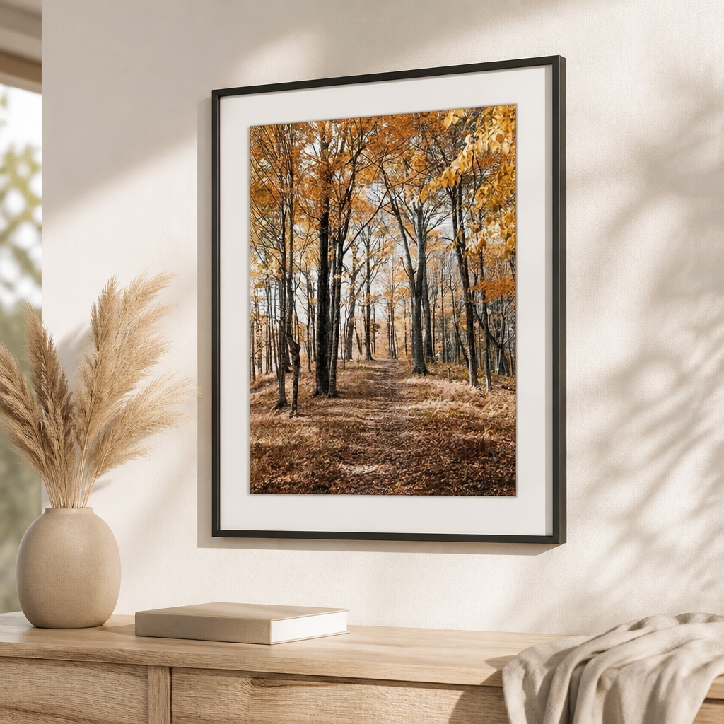 Autumn canvas print showing a woodland path lined with tall trees and fallen leaves.