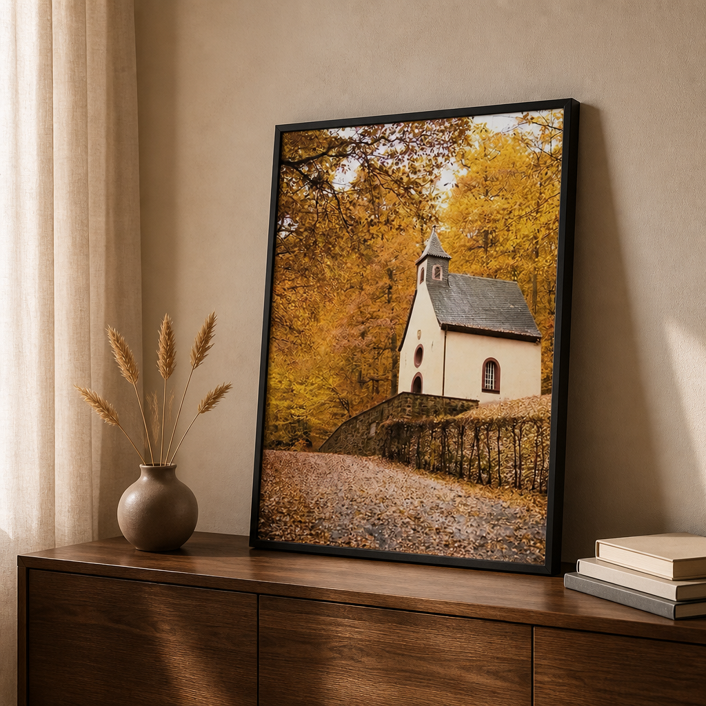 Autumn canvas print showing a small chapel surrounded by golden trees.