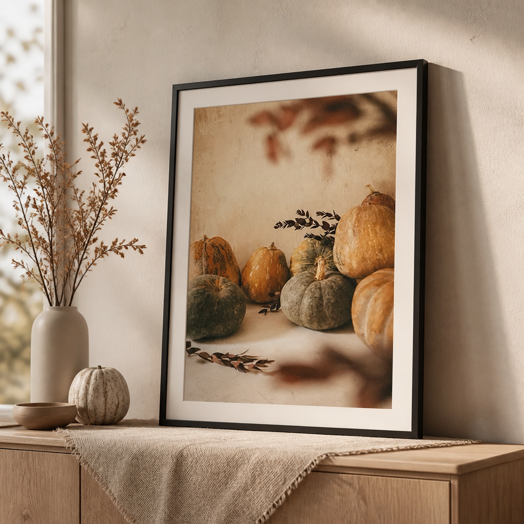 Autumn canvas print showing pumpkins arranged against a warm neutral wall.