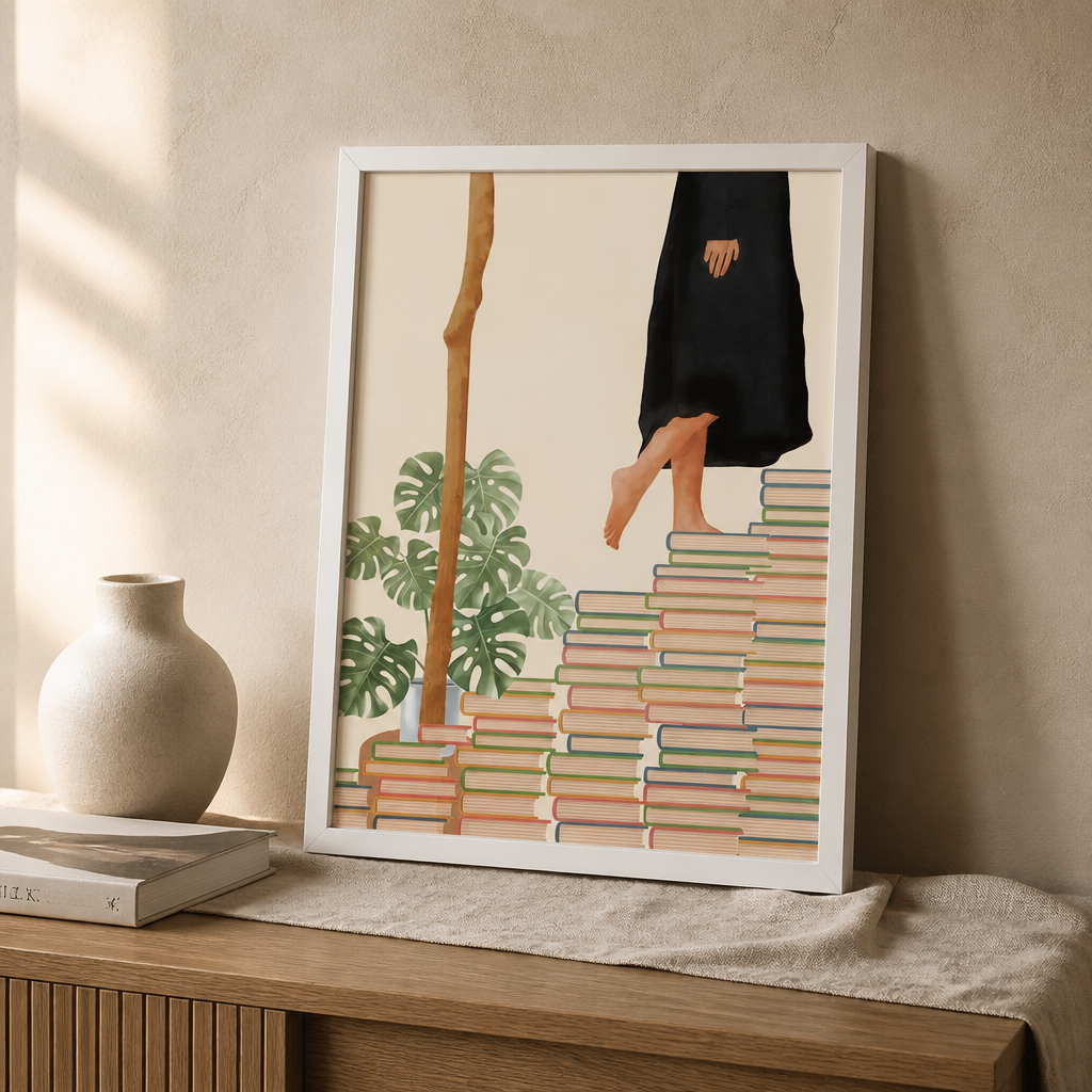 Illustrated canvas print of stacked books with a person standing above them beside monstera leaves.