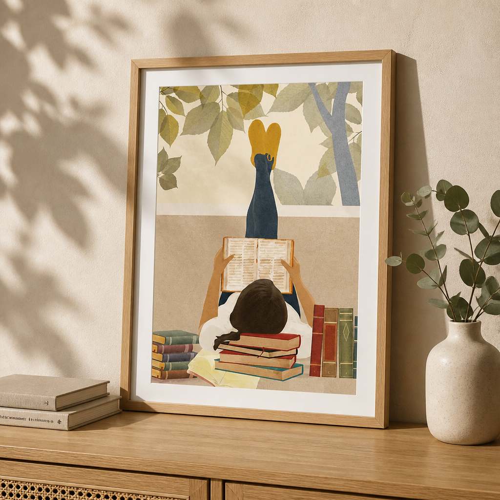 Illustrated reading canvas print showing a person reading outdoors with books and trees.