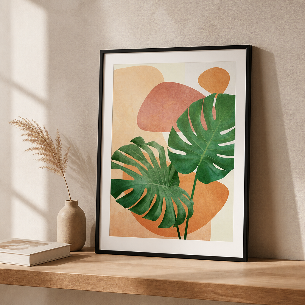 Botanical canvas print with large green monstera leaves and soft orange background shapes.