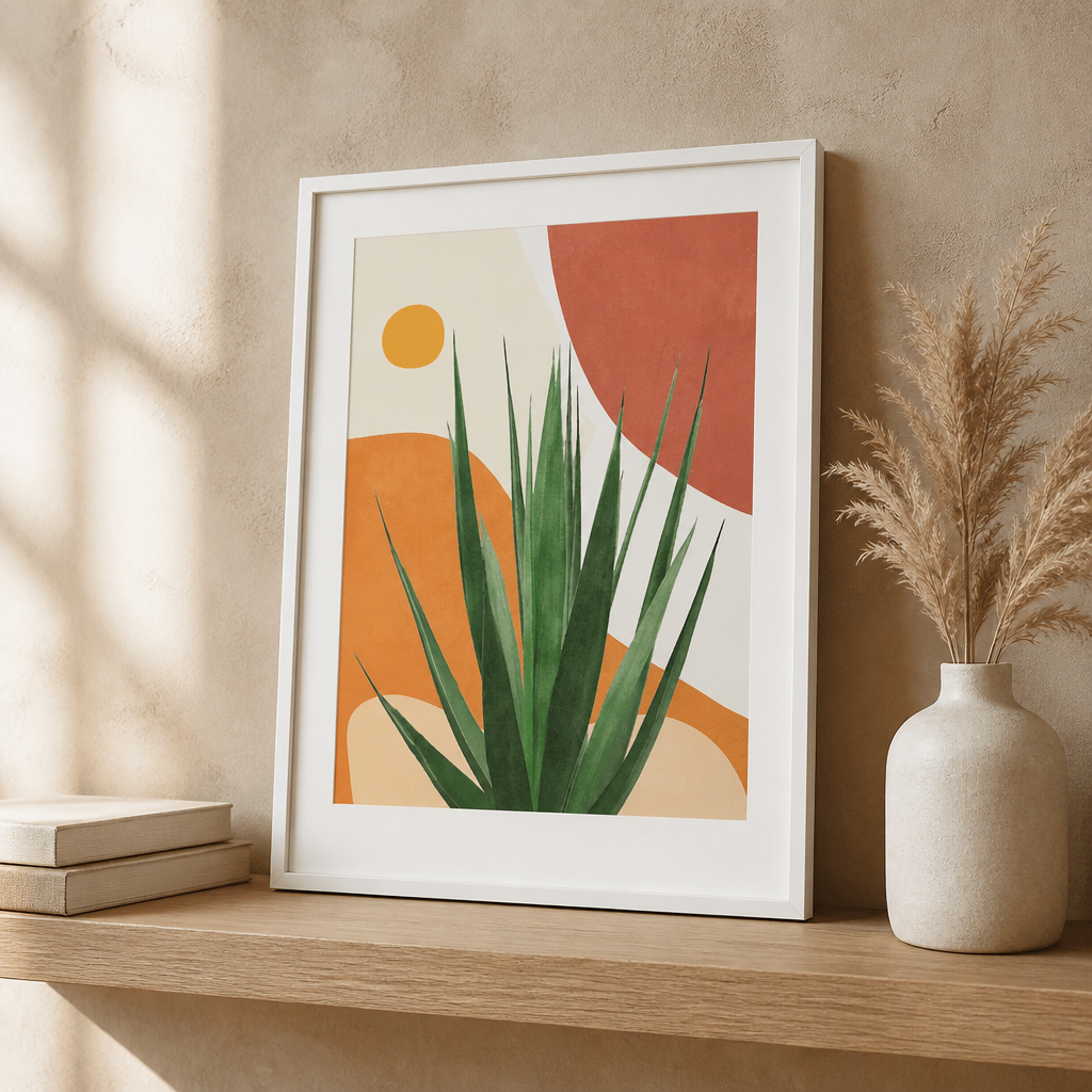 Desert plant canvas print featuring green, pointed leaves and warm, abstract shapes.