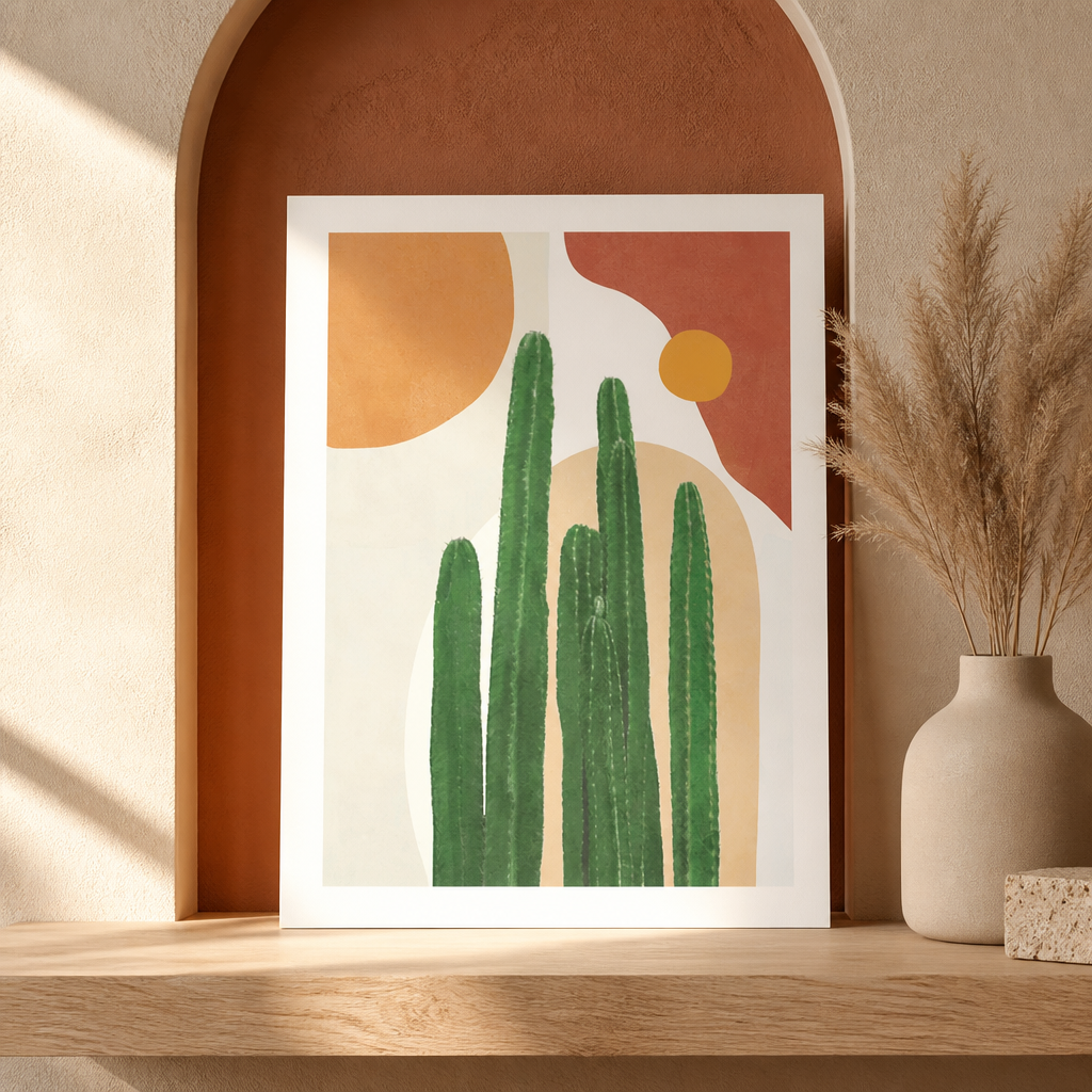 Tall cactus illustration with warm abstract sun shapes on a cotton canvas print.