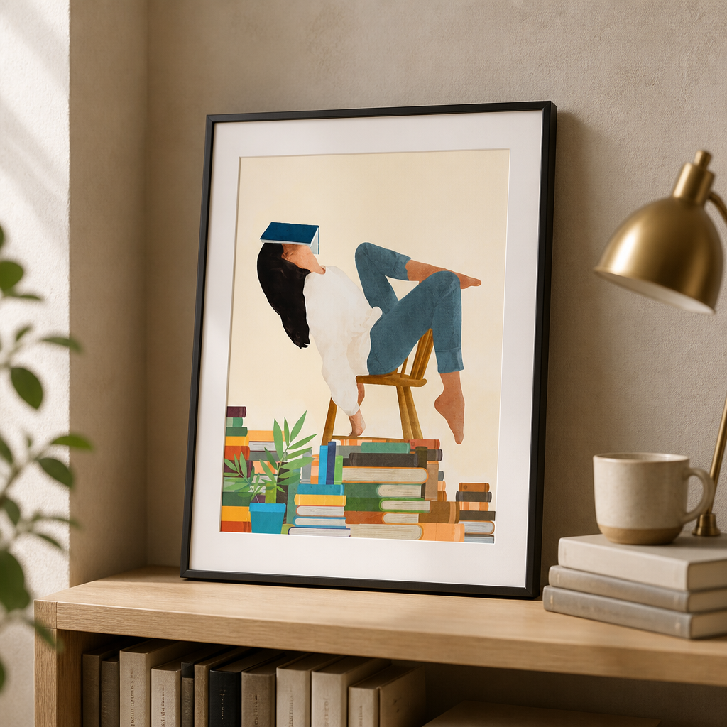 Illustrated canvas print of a person reading upside down on a chair above stacked books and plants.