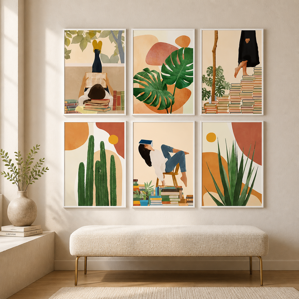 Set of six colorful abstract art prints on a wall with a bench and plant below.