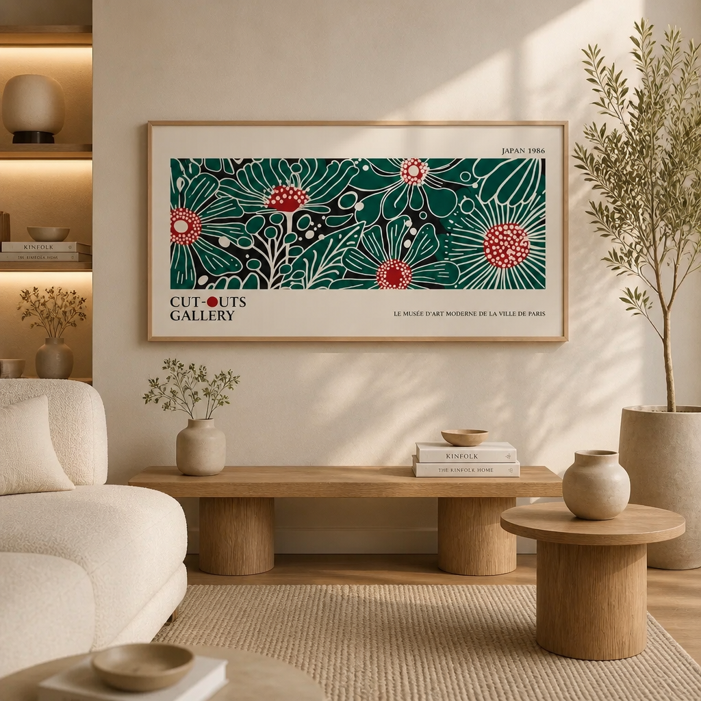 Wide floral gallery poster print with green and red botanical artwork leaning against a wall in a framed room setting.