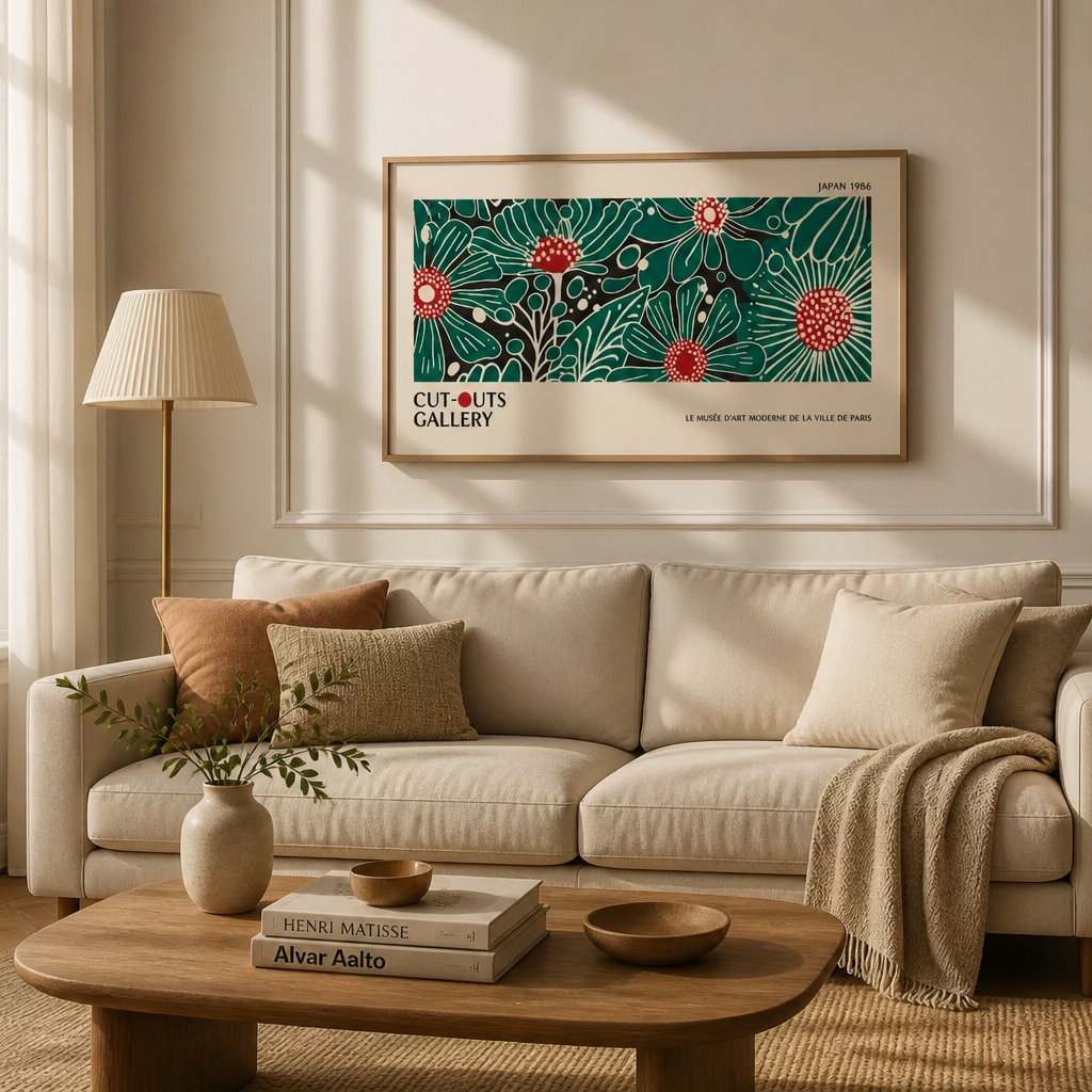 Wide floral gallery poster print with green and red botanical artwork leaning against a wall in a framed room setting.
