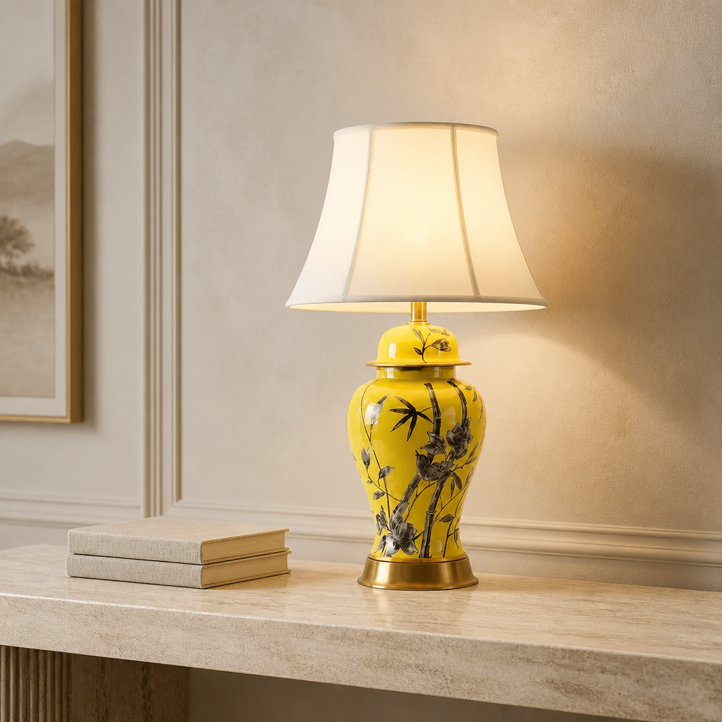 Tall yellow ceramic floral table lamp with a white fabric shade and a height of 68 cm