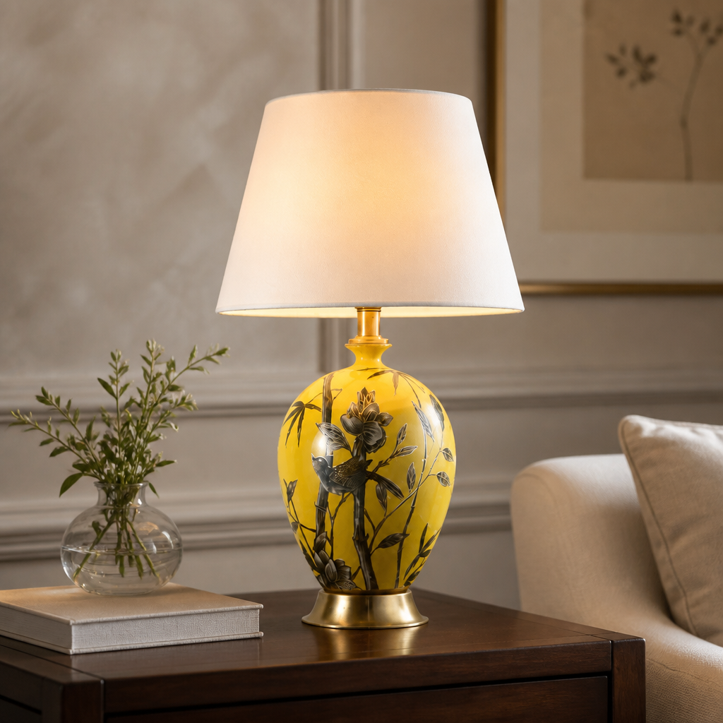 Compact yellow ceramic floral table lamp with tapered fabric shade and 54.5cm height measurement