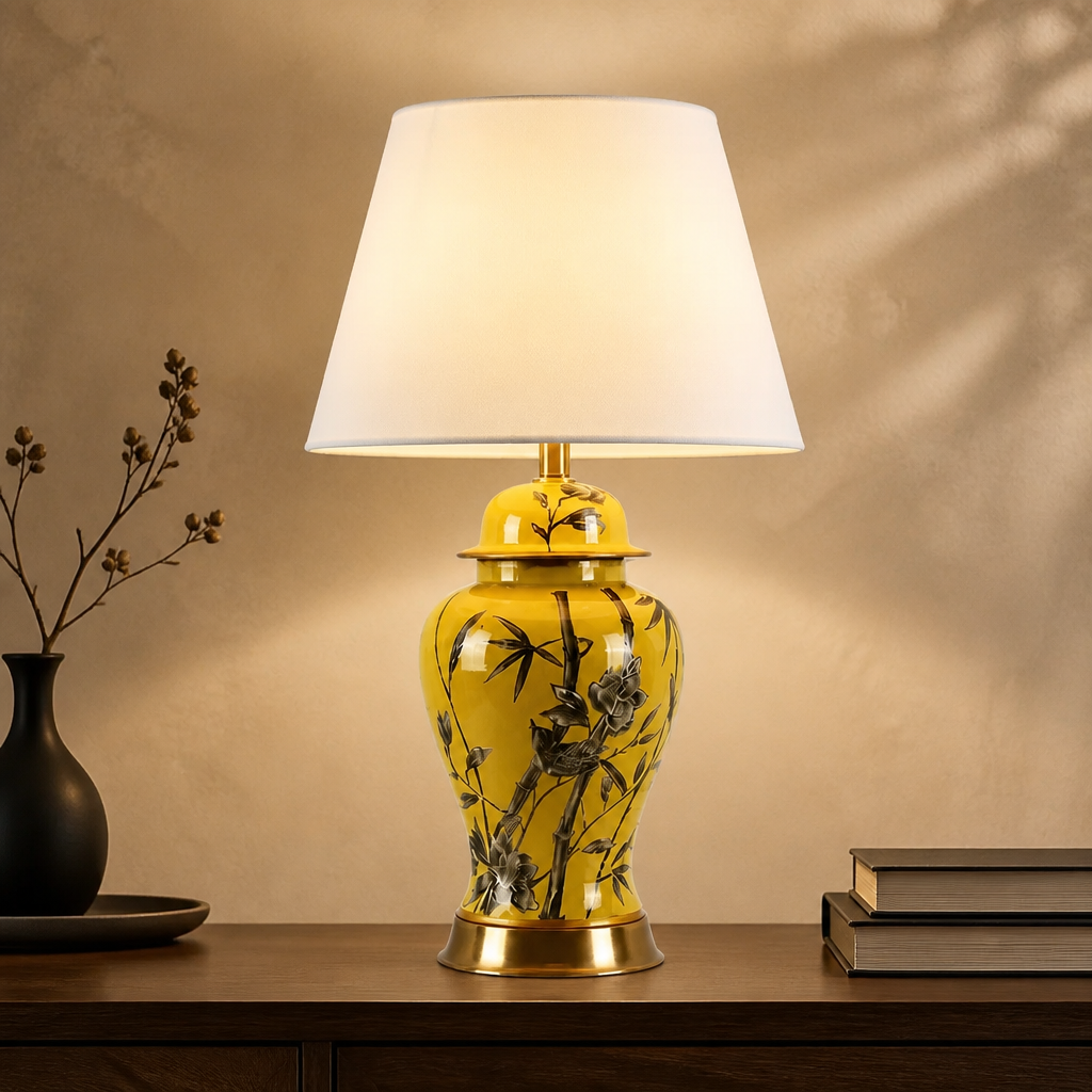 Tall yellow ceramic floral table lamp with a curved fabric shade and a height of 68.5 cm