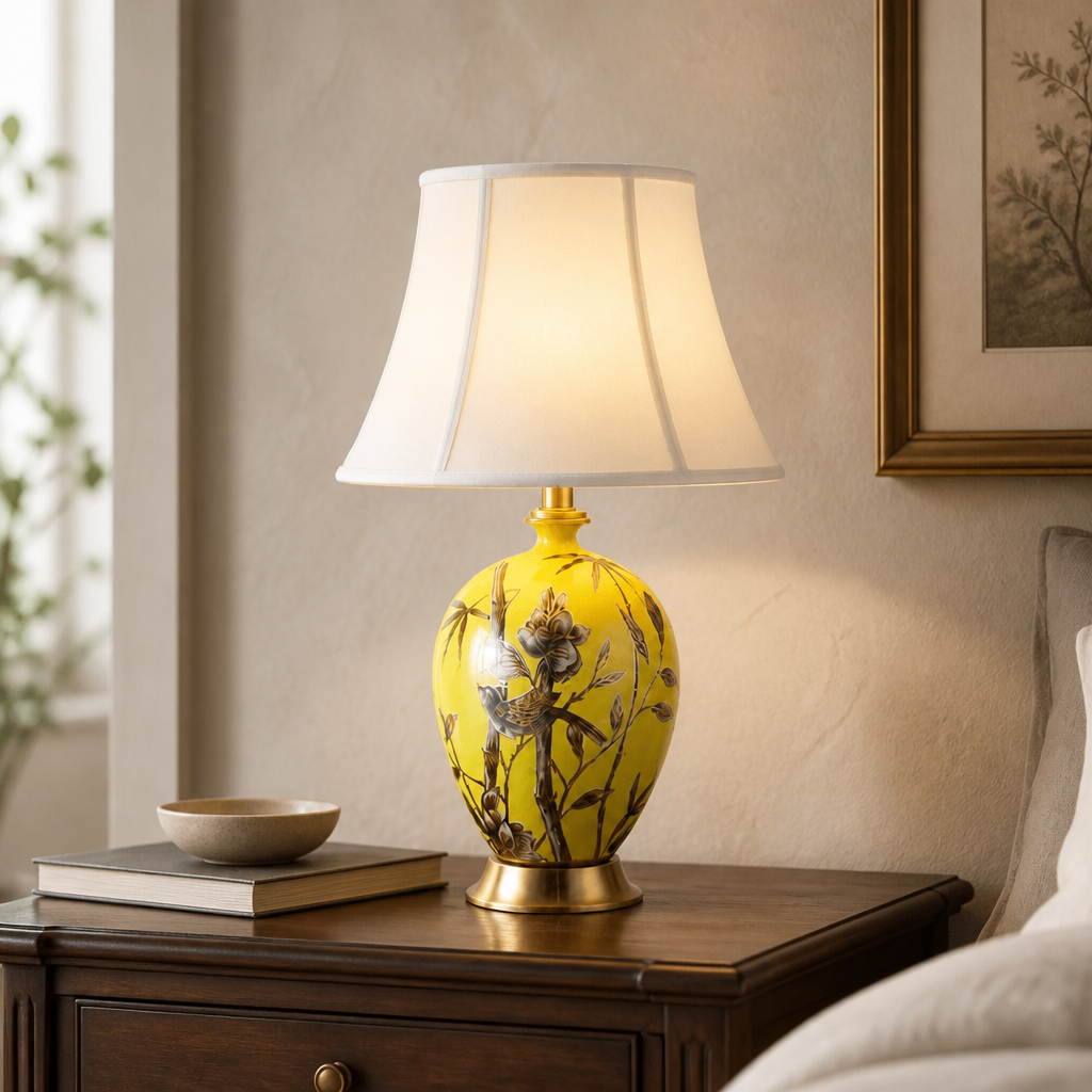Yellow ceramic floral table lamp with pleated fabric shade and 55cm height measurement