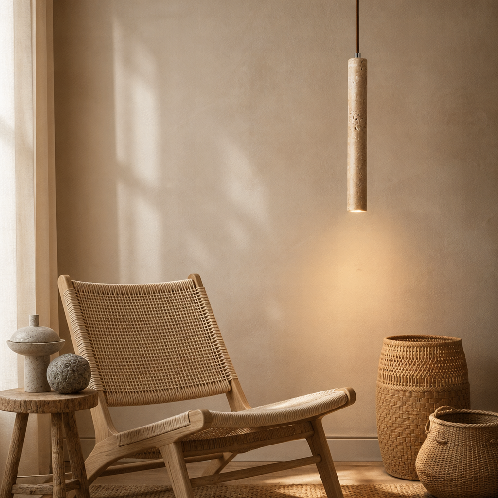 Wicker chair in a room with a pendant light and woven baskets.