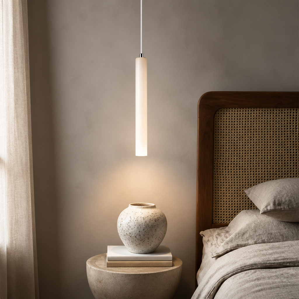 Pendant light fixture above a textured vase on a side table next to a bed with wicker headboard.