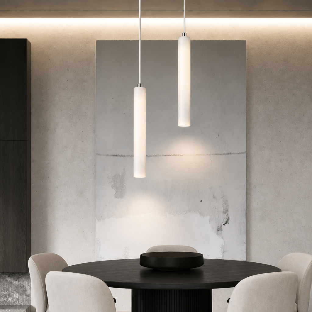 Modern dining area with round table and chairs, illuminated by pendant lights.
