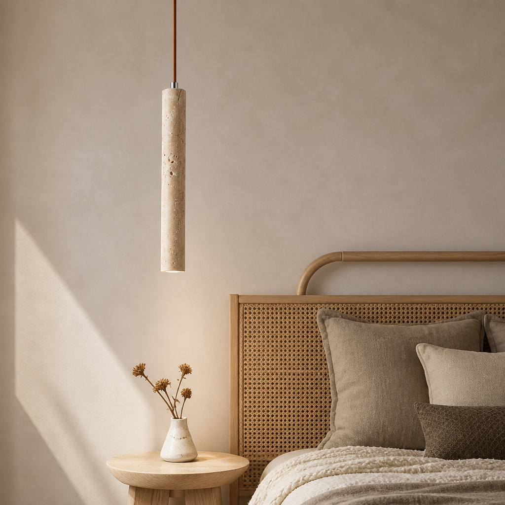 Neatly arranged bedroom with a pendant light, bed, and side table.