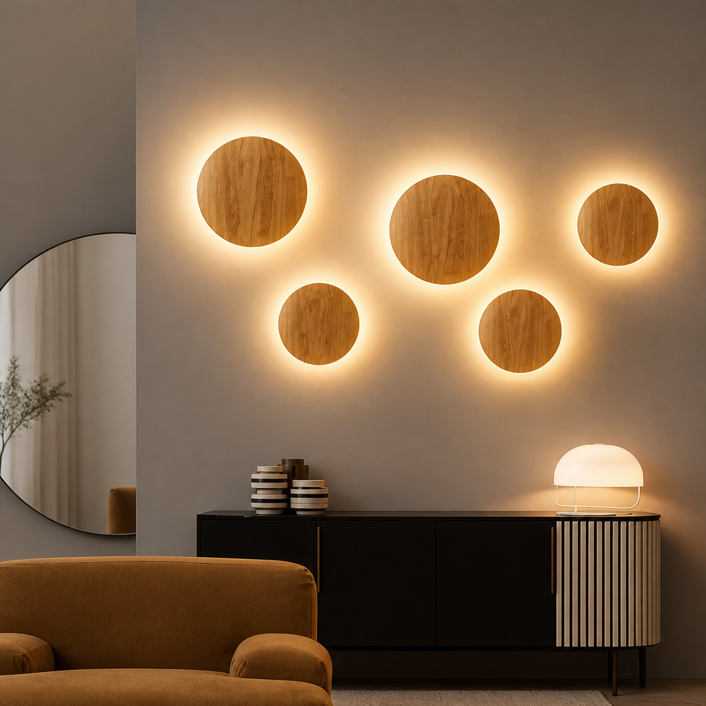 Creative wooden LED wall lights above a sideboard in a modern living room.