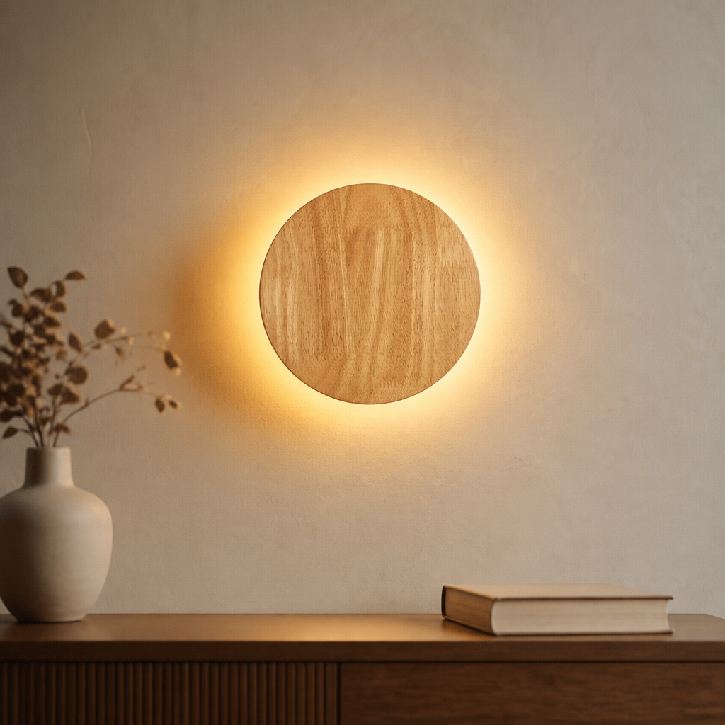 Round wooden LED wall light.
