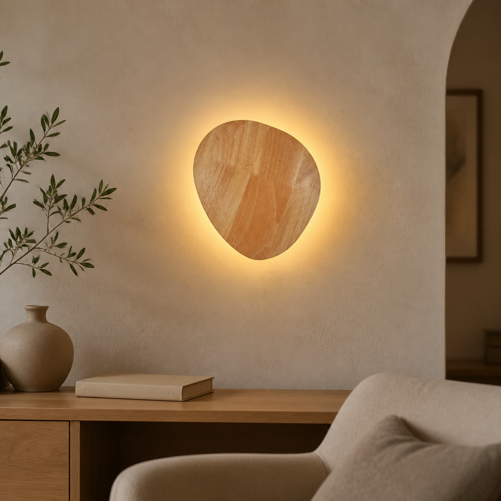 Oval wooden LED wall light.