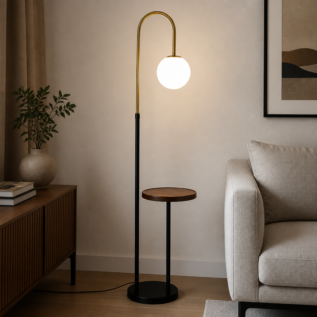 Modern floor lamp with a round table in a living room setting.