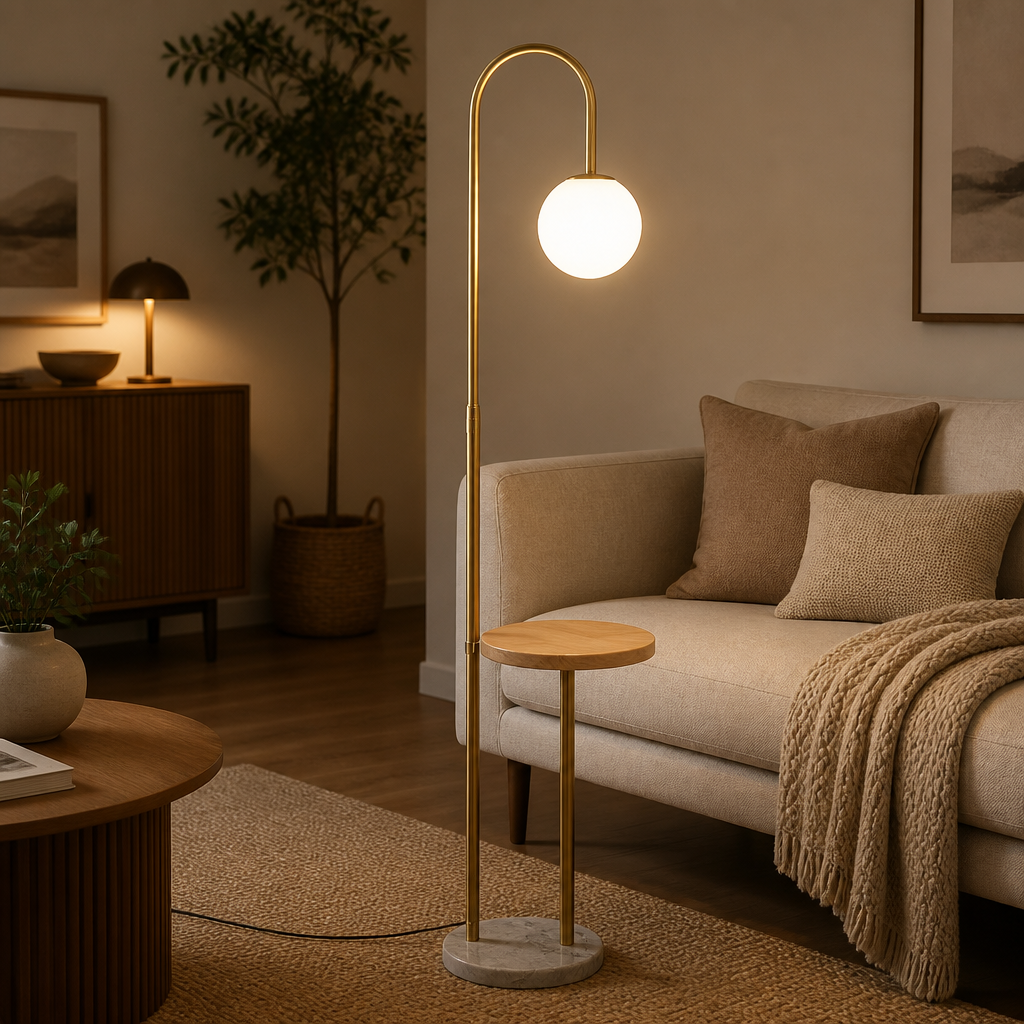 Gold Nordic floor lamp with wood tray, marble-look base, globe shade