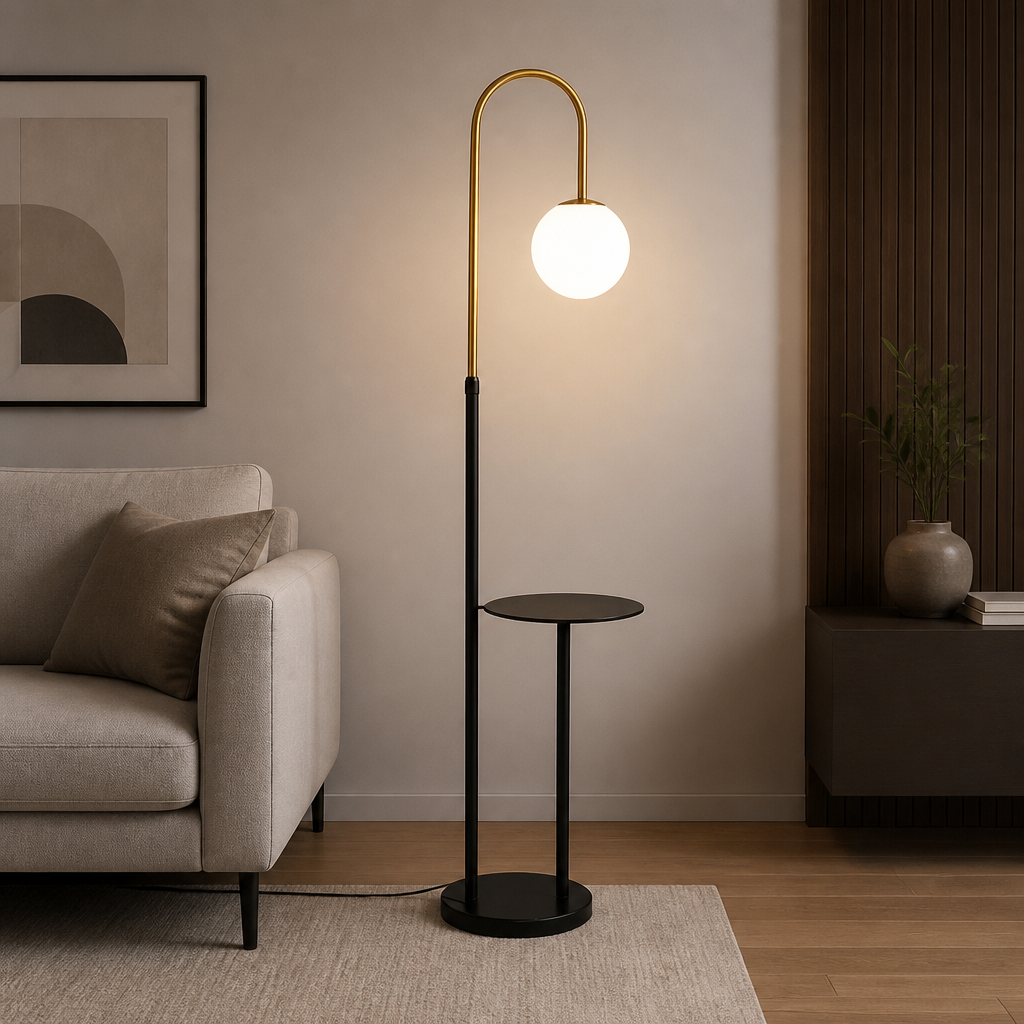 Black Nordic floor lamp with black metal tray, round base, globe light