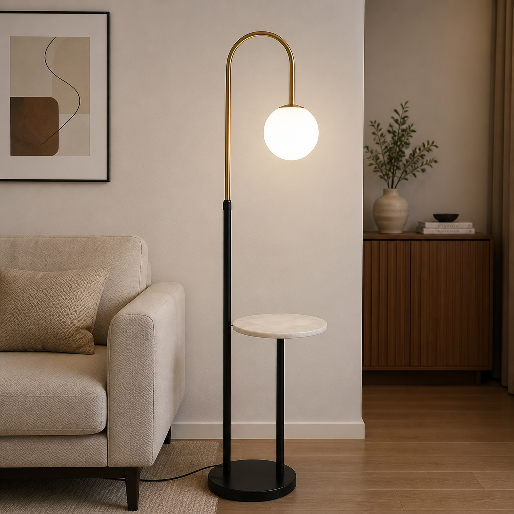 Black-and-gold Nordic floor lamp with light tray, globe shade, round base,
