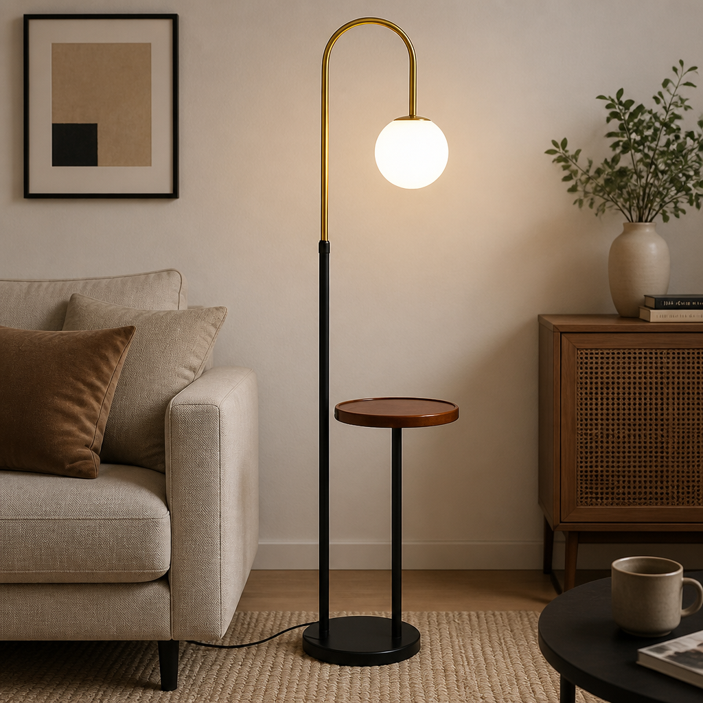 Black-and-gold Nordic floor lamp with brown tray, globe shade, round base