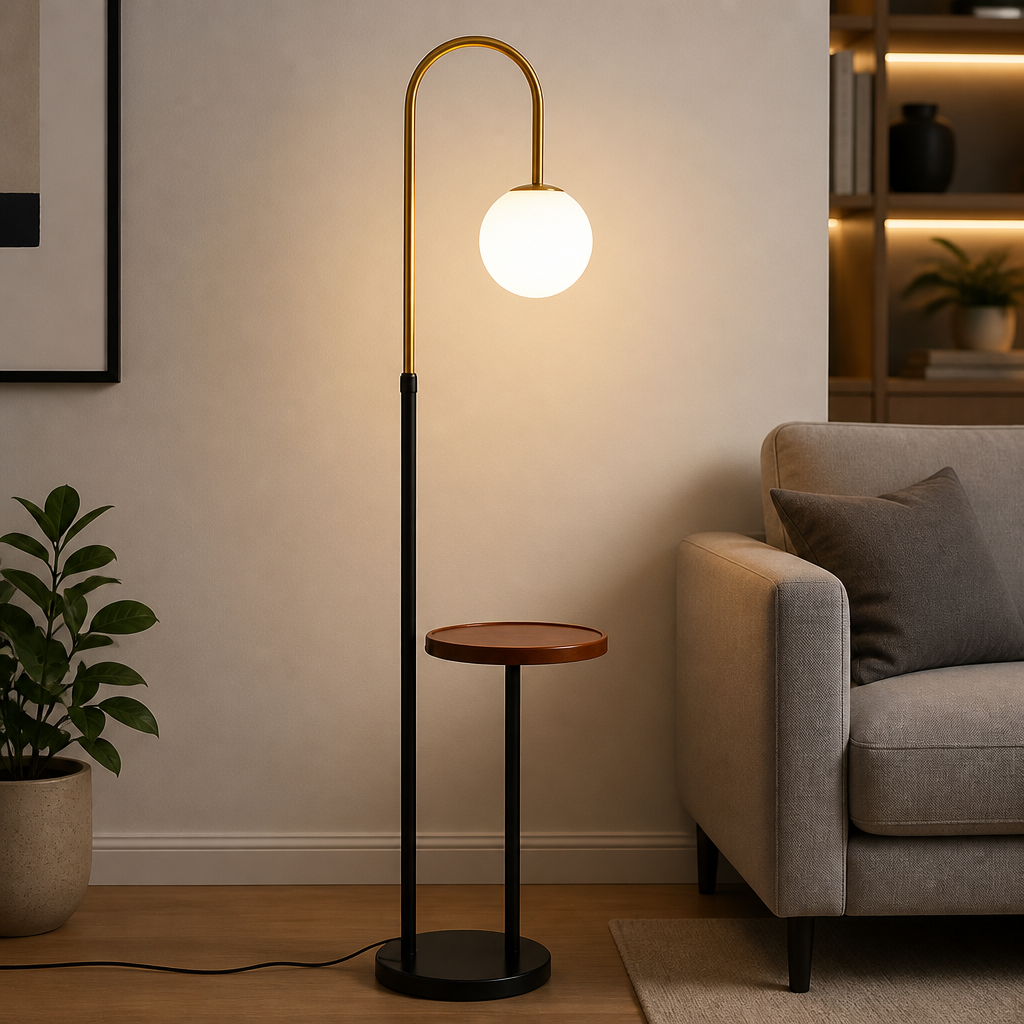 Black-and-gold Nordic floor lamp with brown tray, globe shade, round base