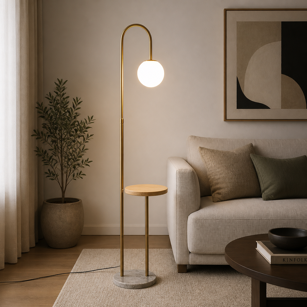 Modern living room with a floor lamp, sofa, and decorative elements.