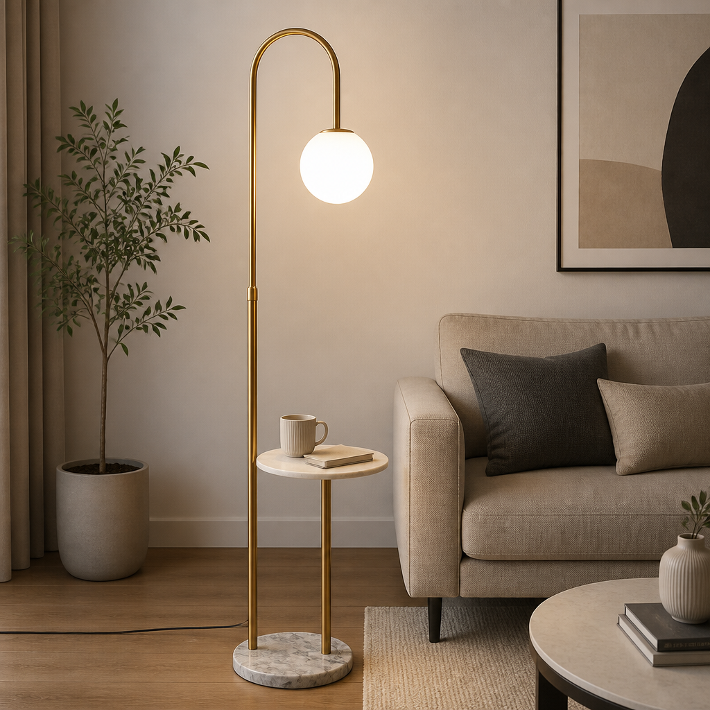 Gold Nordic floor lamp with white tray, marble-look base, globe shade